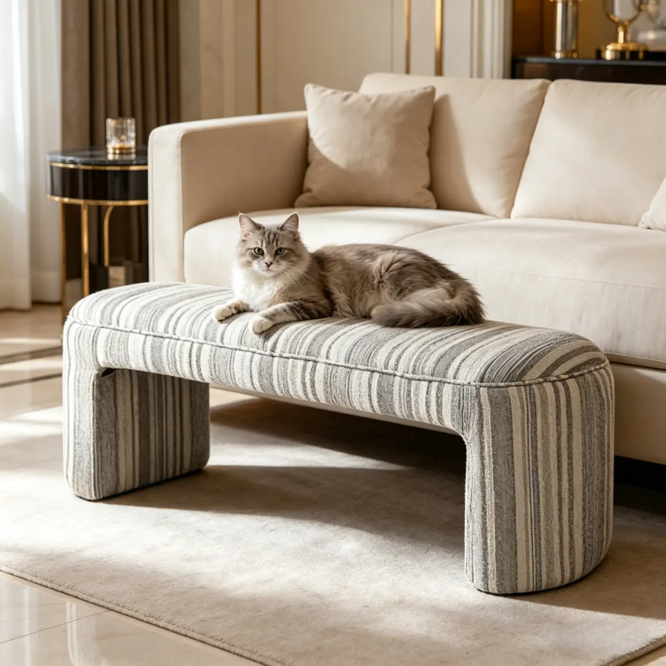 Modern Curved Striped Upholstered Accent Bench Image - 3 | homeyfad