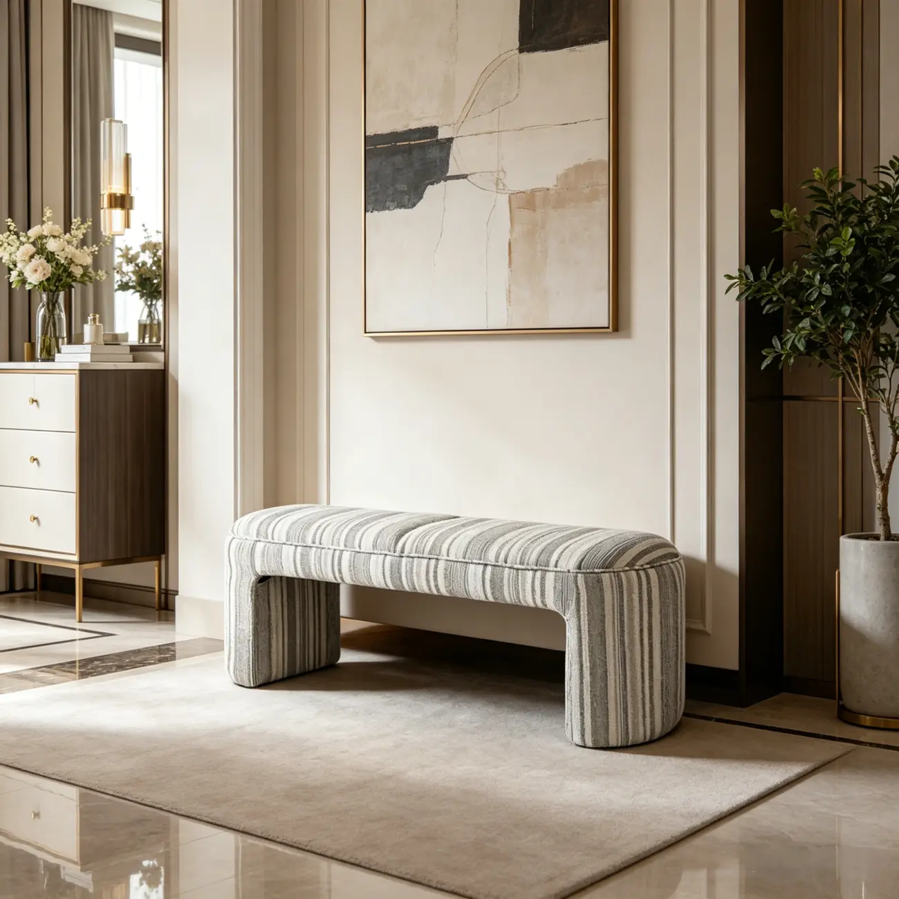 Modern Curved Striped Upholstered Accent Bench Image - 4 | homeyfad