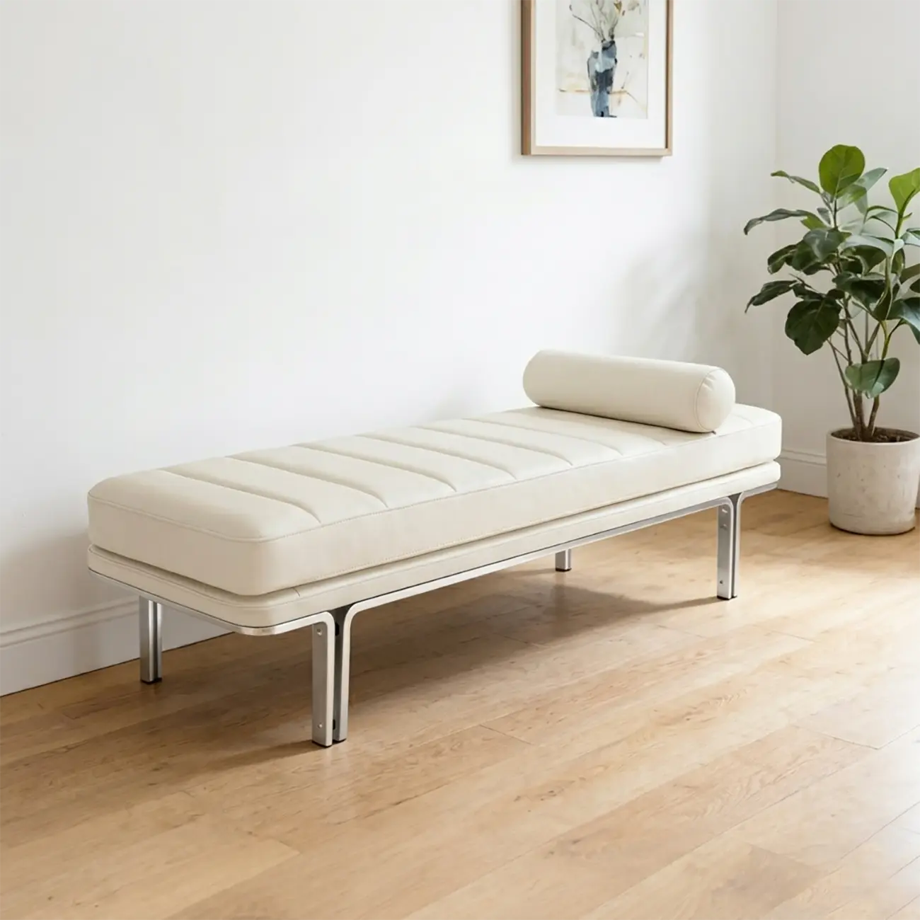 Minimalist Top-grain Leather Bedroom Bench With Bolster Pillow Image - 11 | homeyfad