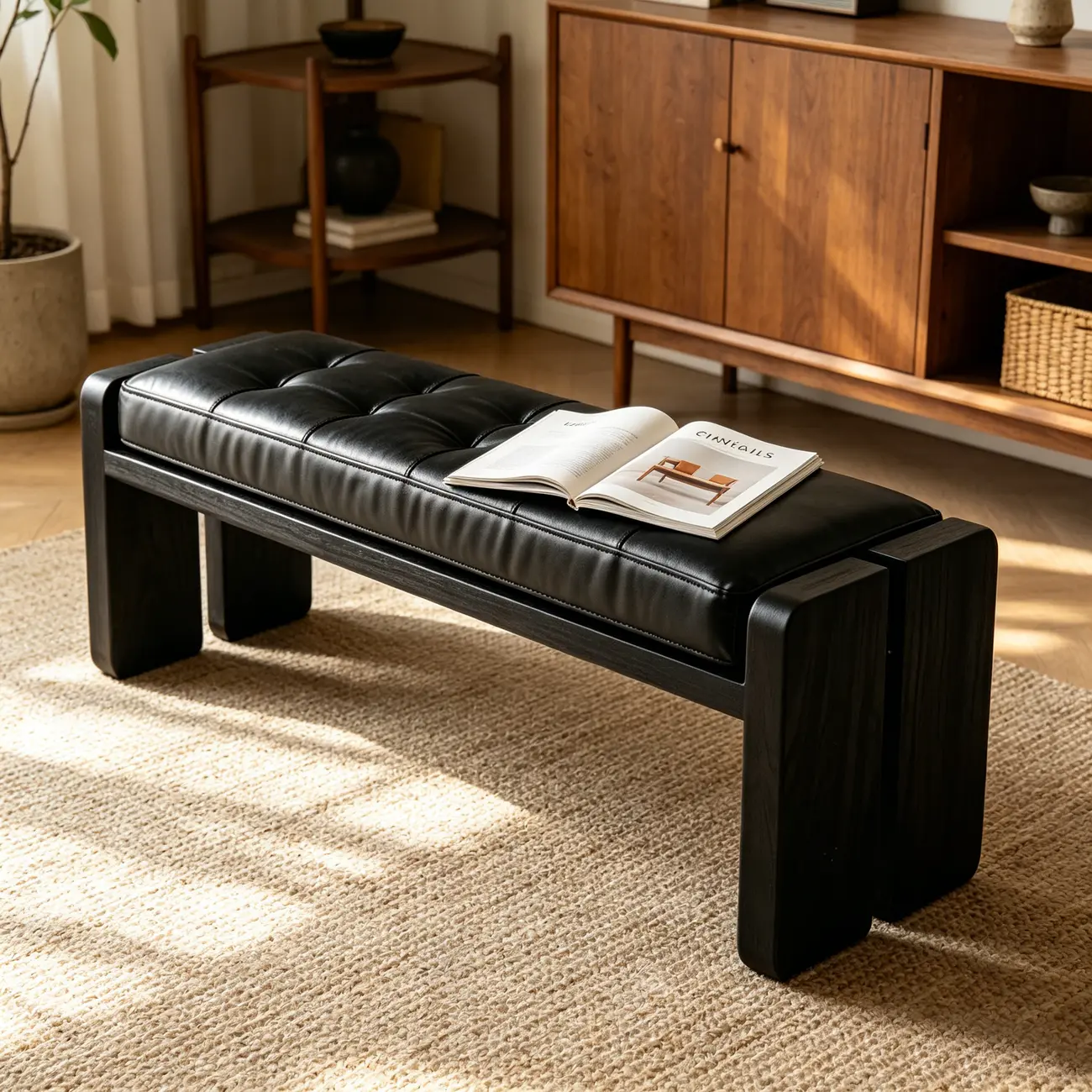 Mid-century Modern Solid Wood Frame Entryway Bench Image - 4 | homeyfad