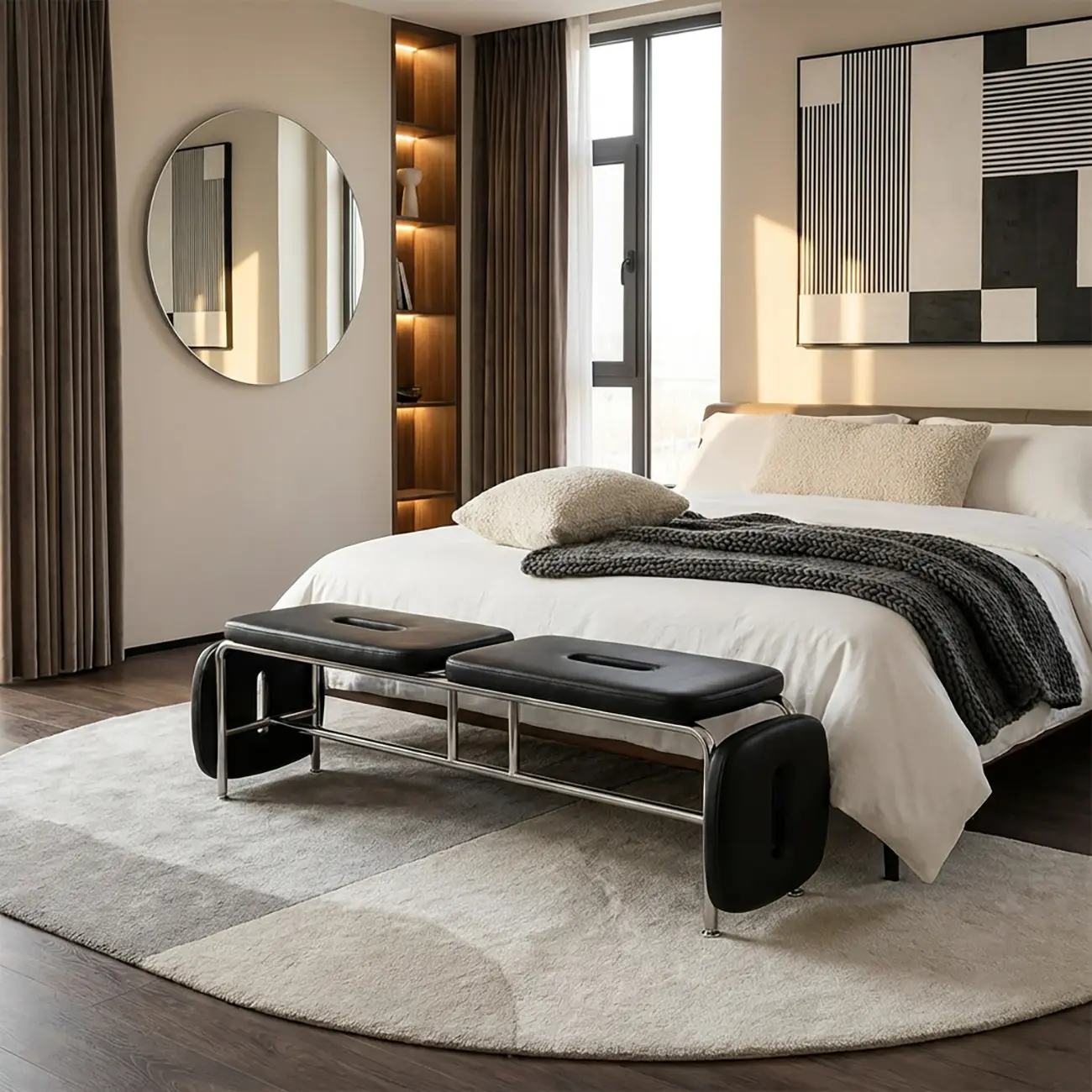 Genuine Leather Minimalist Backless Bench With Stainless Steel Legs Image - 1 | homeyfad