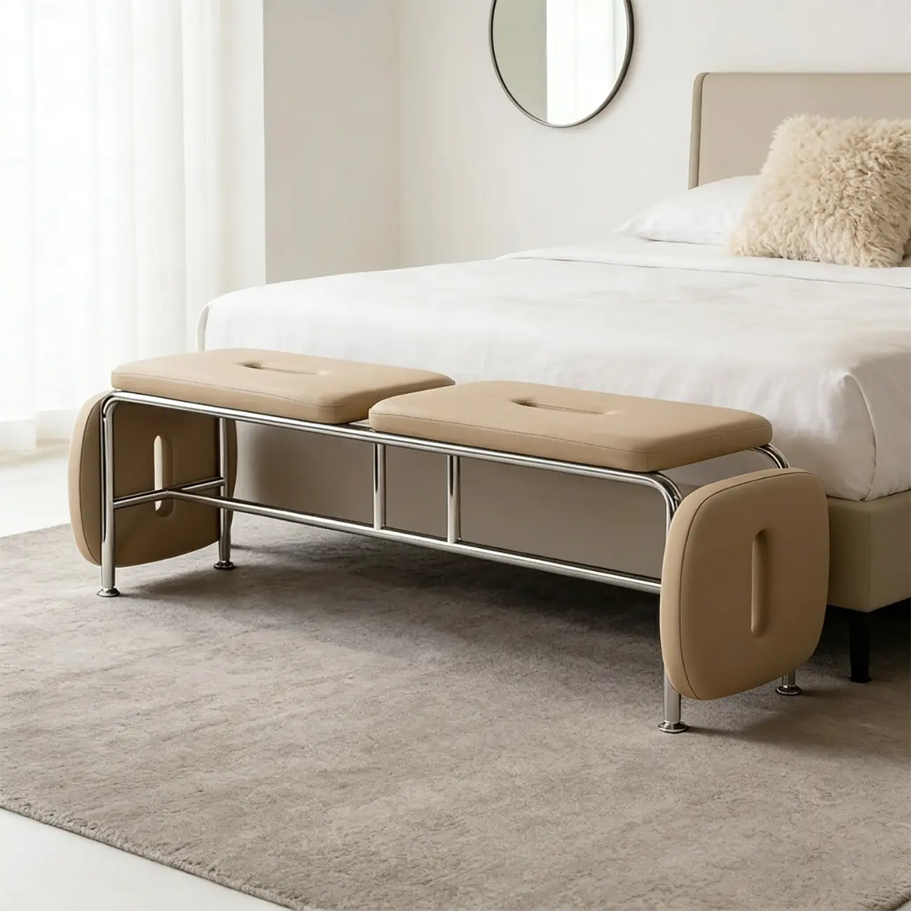 Genuine Leather Minimalist Backless Bench With Stainless Steel Legs Image - 4 | homeyfad