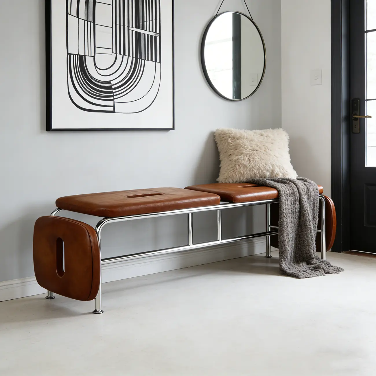 Genuine Leather Minimalist Backless Bench With Stainless Steel Legs Image - 2 | homeyfad