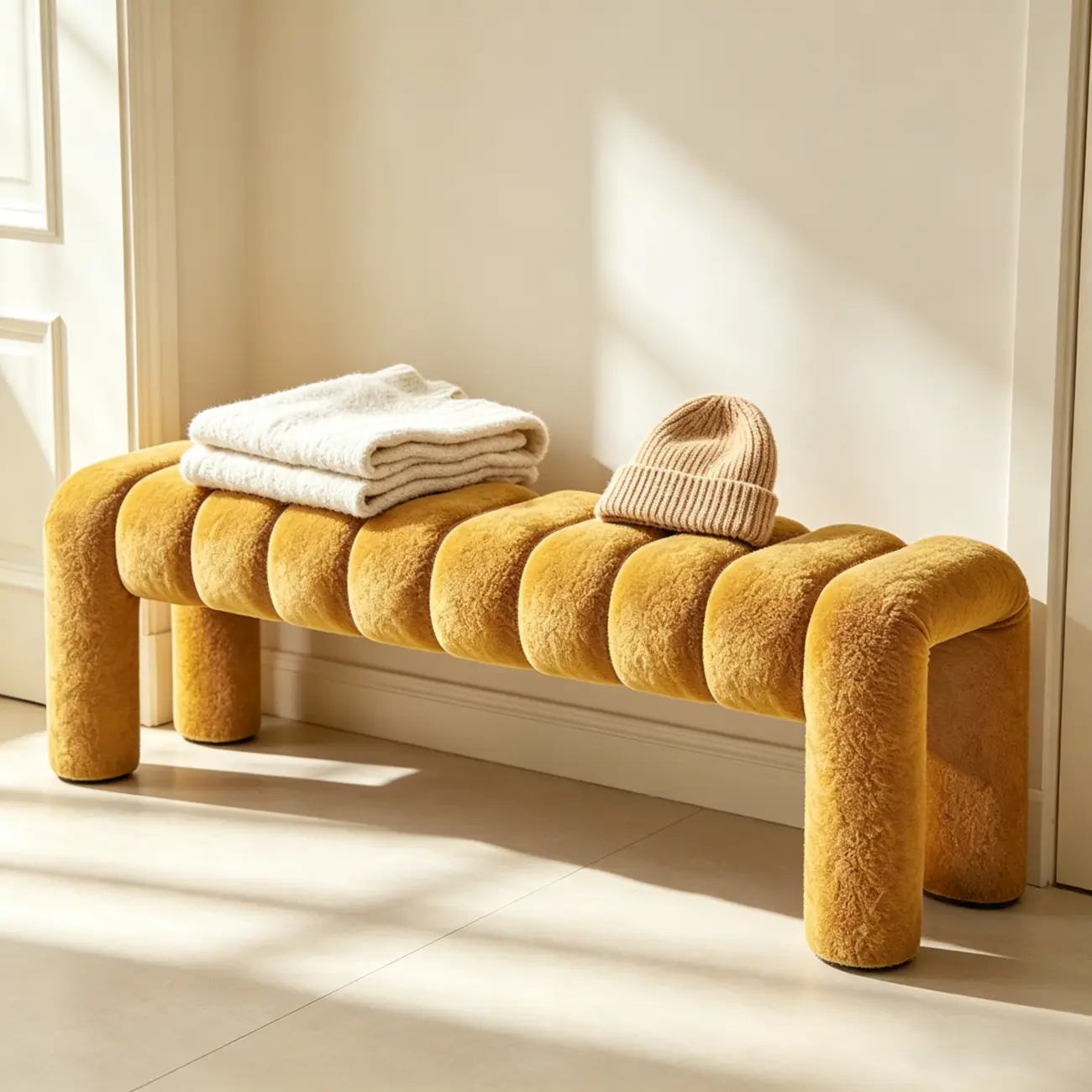 Minimalist Curved Sherpa Upholstered End of Bed Bench Image - 7 | homeyfad
