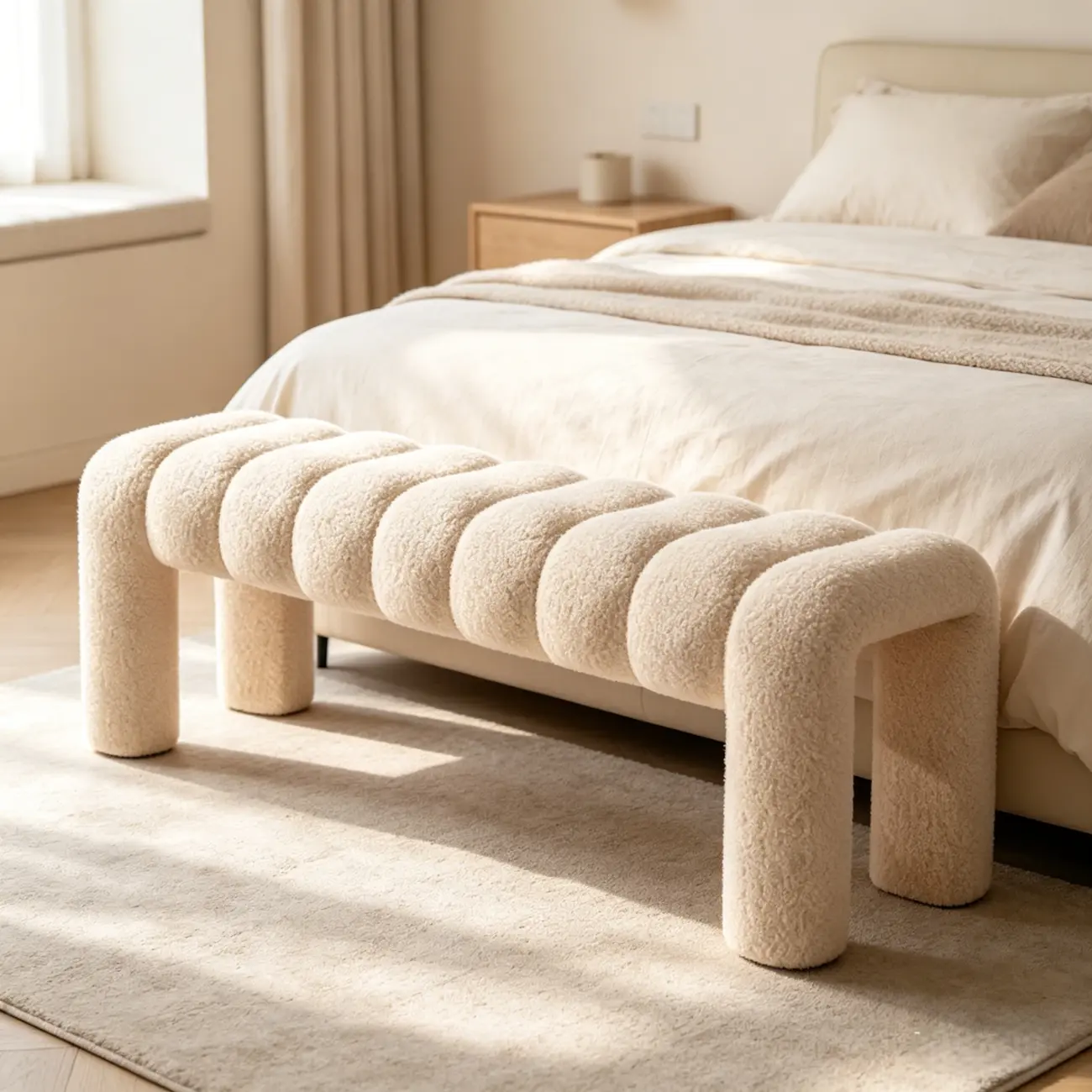 Minimalist Curved Sherpa Upholstered End of Bed Bench Image - 1 | homeyfad