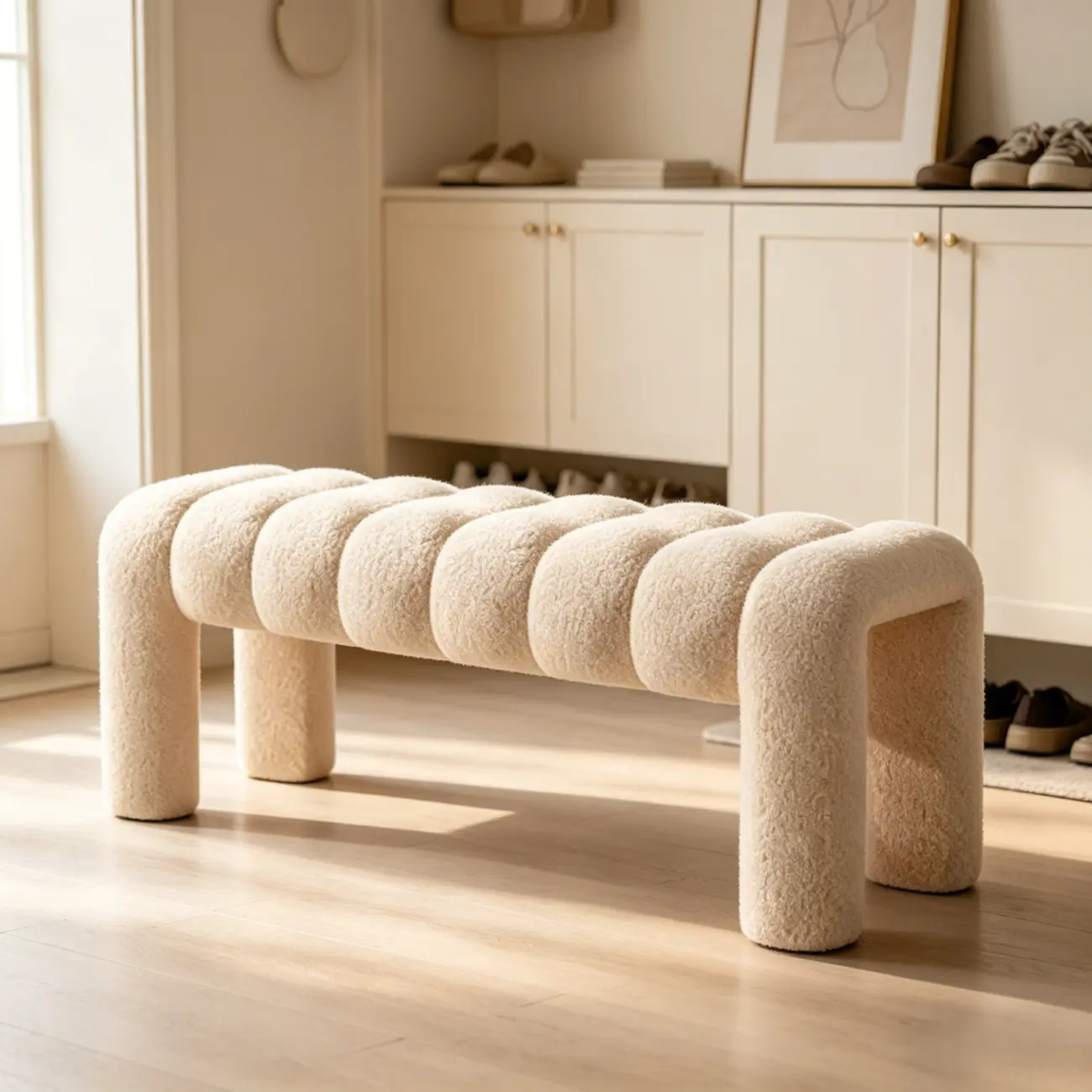 Minimalist Curved Sherpa Upholstered End of Bed Bench Image - 8 | homeyfad