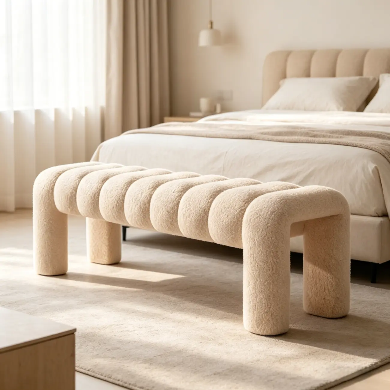 Minimalist Curved Sherpa Upholstered End of Bed Bench Image - 11 | homeyfad