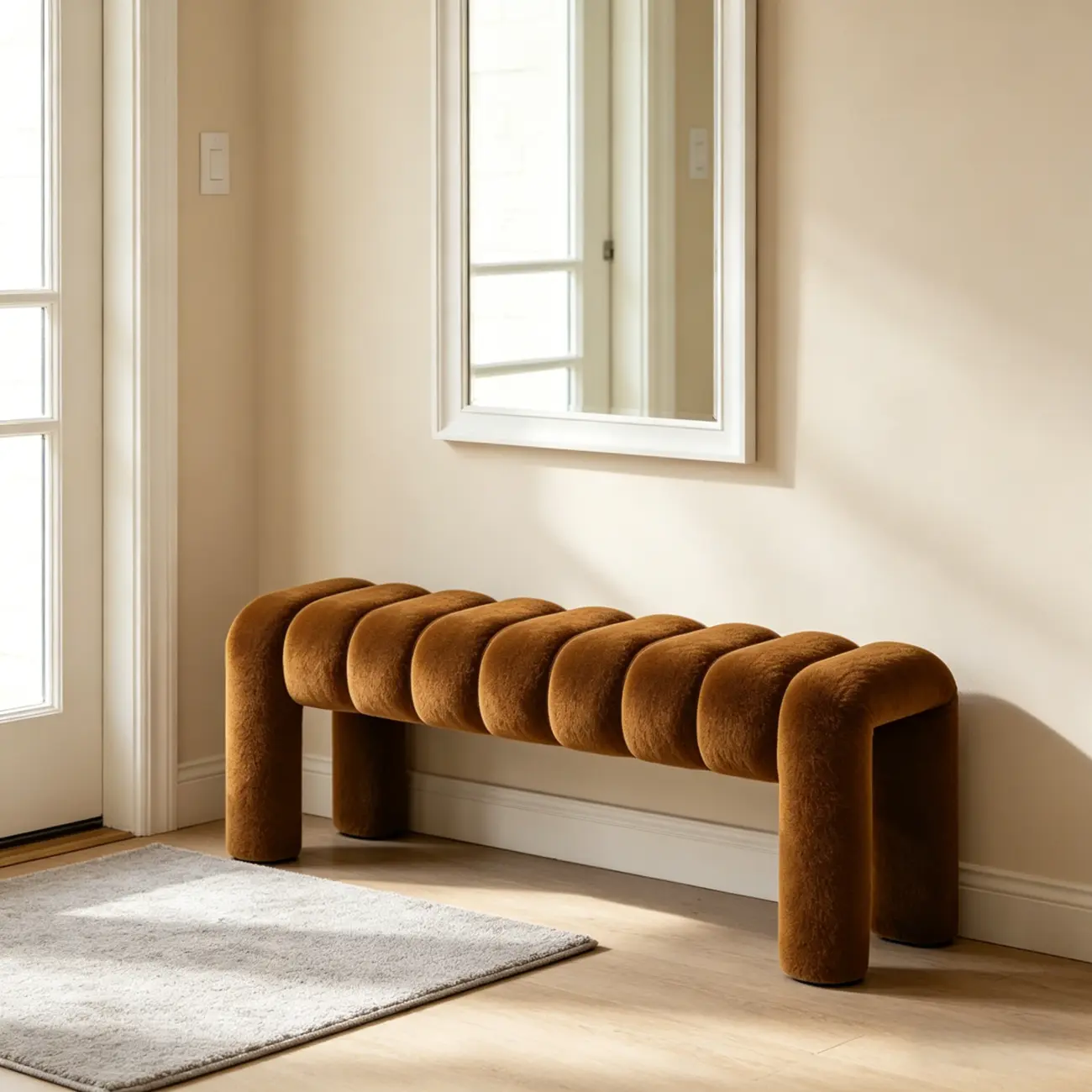 Minimalist Curved Sherpa Upholstered End of Bed Bench Image - 6 | homeyfad