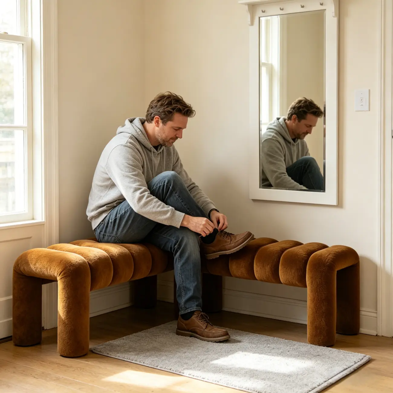 Minimalist Curved Sherpa Upholstered End of Bed Bench Image - 5 | homeyfad