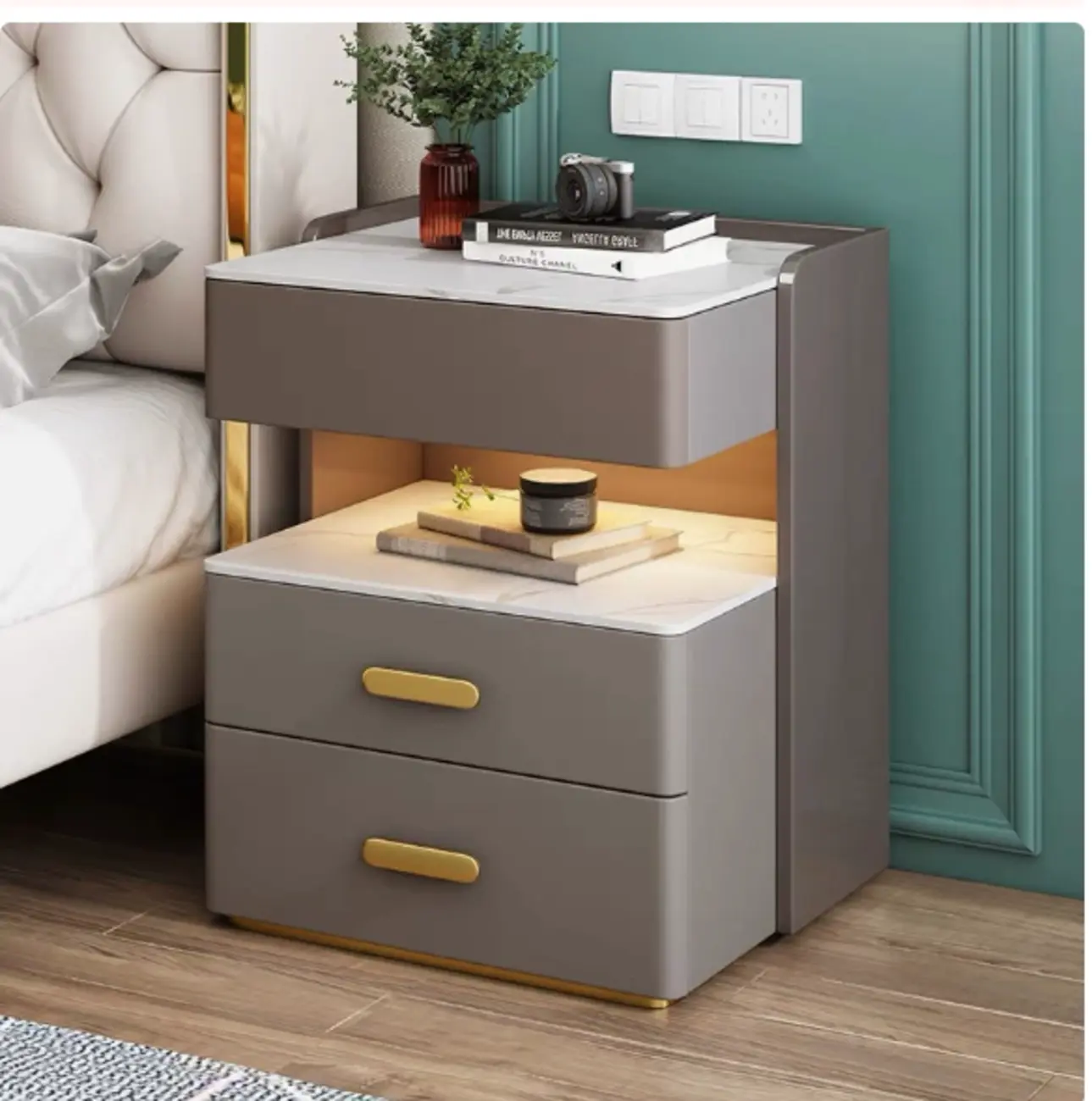 LED Lighting White Marble 3-Drawer Storage Nightstand Image - 1 | homeyfad