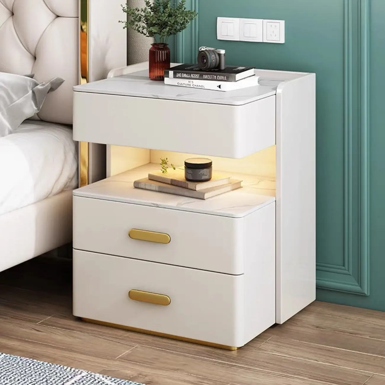 LED Lighting White Marble 3-Drawer Storage Nightstand Image - 2 | homeyfad