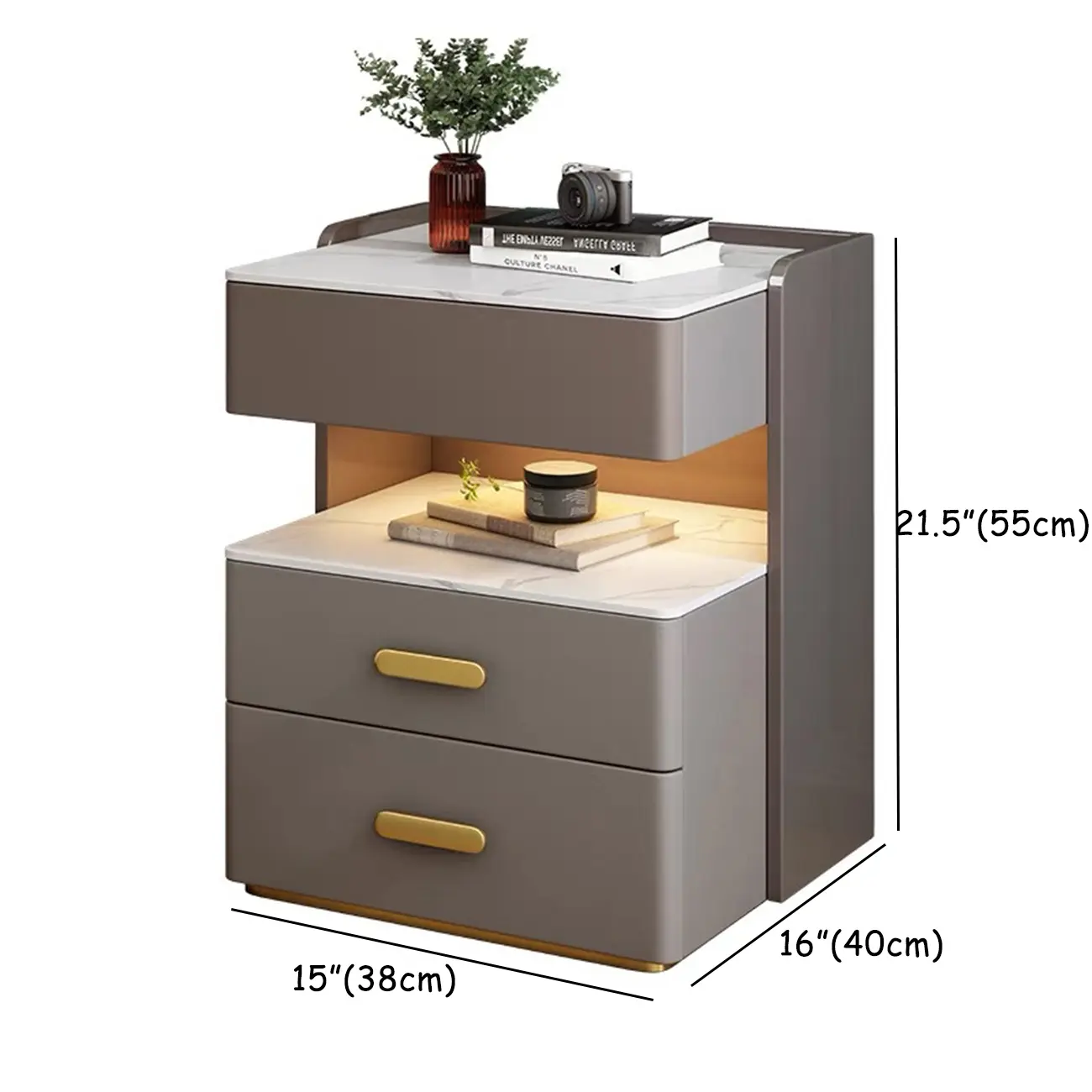 LED Lighting White Marble 3-Drawer Storage Nightstand Image - 3 | homeyfad