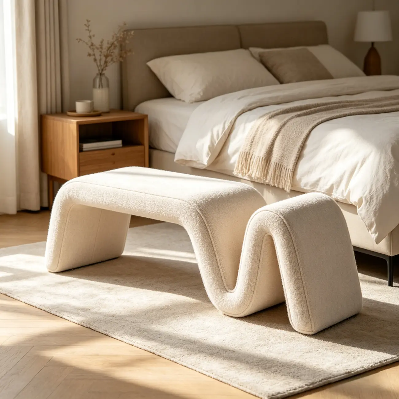 Modern Sculptural Chenille Wood Bedroom Bench Image - 1 | homeyfad