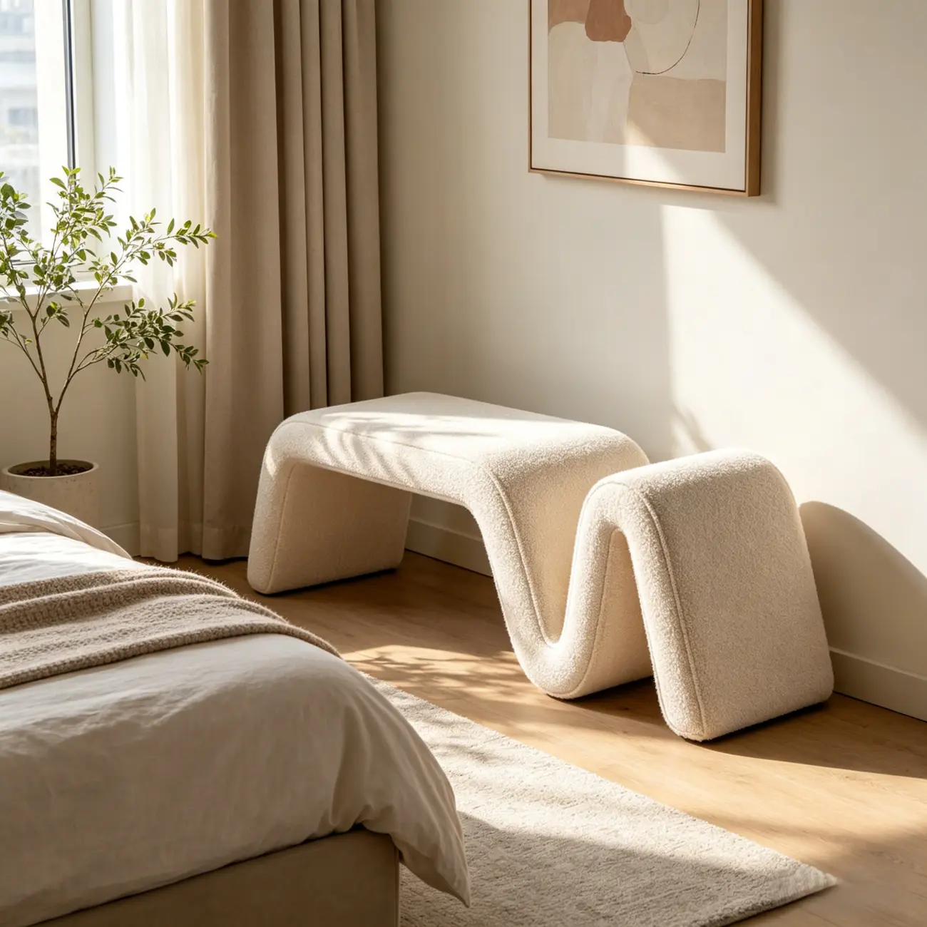 Modern Sculptural Chenille Wood Bedroom Bench Image - 6 | homeyfad