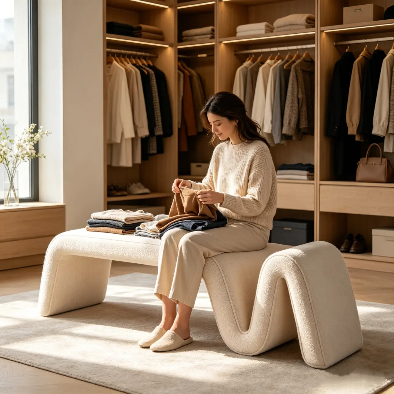 Modern Sculptural Chenille Wood Bedroom Bench Image - 2 | homeyfad