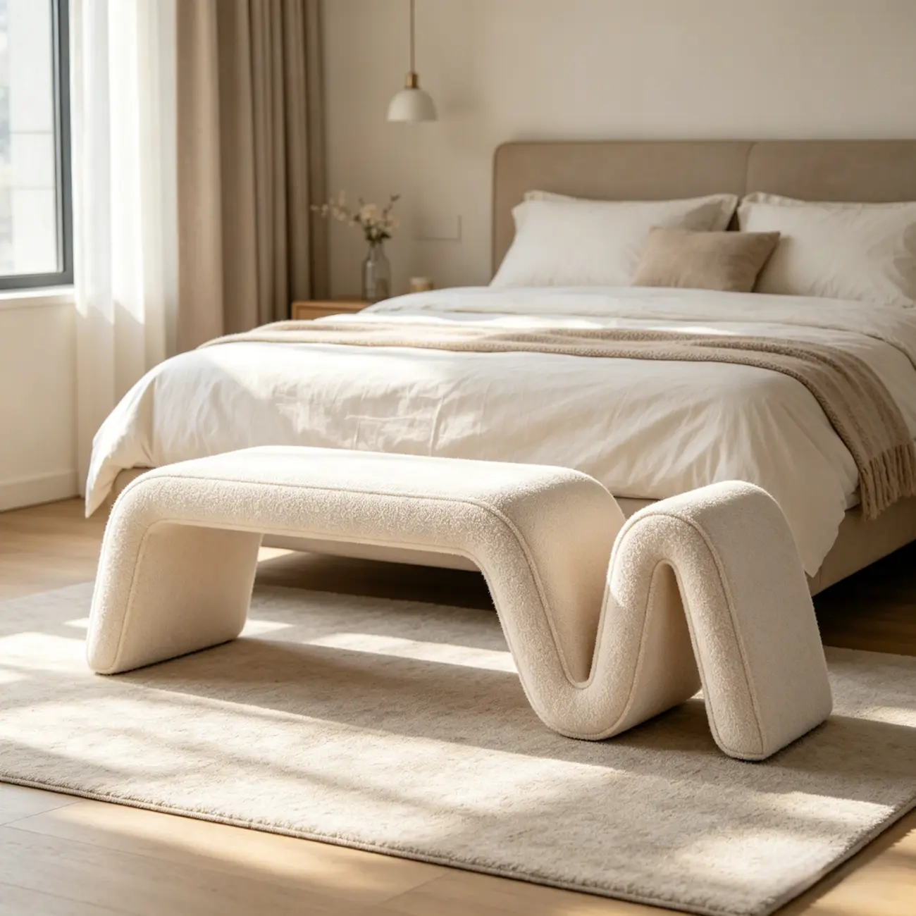 Modern Sculptural Chenille Wood Bedroom Bench Image - 7 | homeyfad