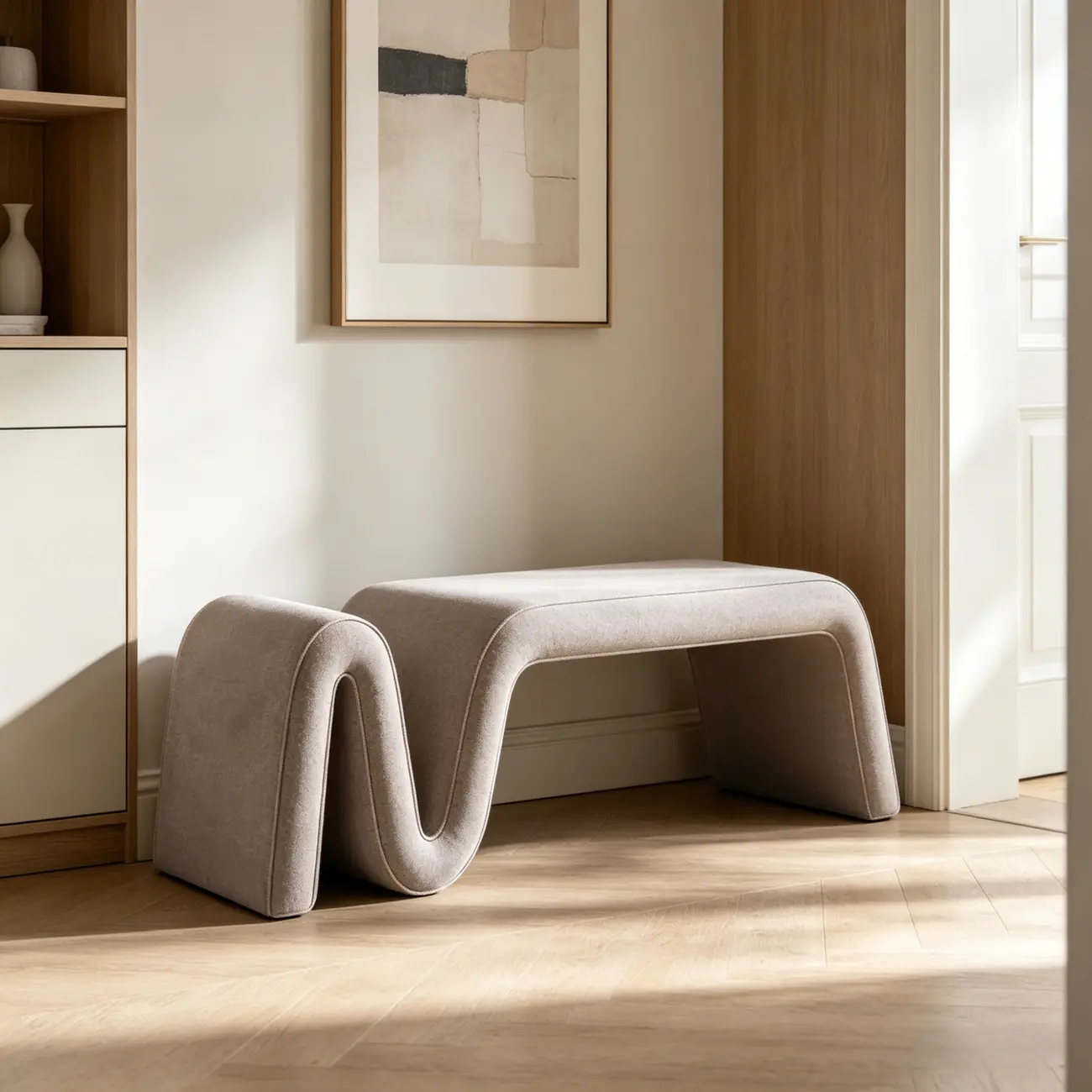 Modern Sculptural Chenille Wood Bedroom Bench Image - 5 | homeyfad