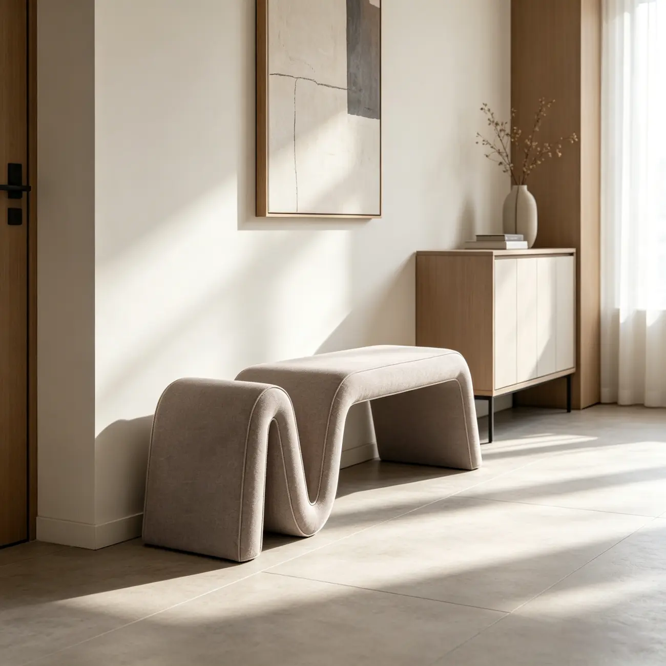 Modern Sculptural Chenille Wood Bedroom Bench Image - 4 | homeyfad