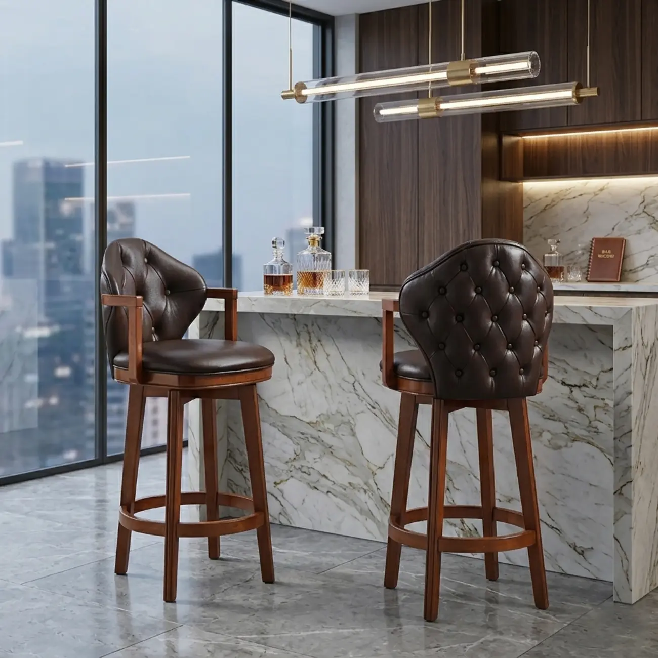 Genuine Leather Traditional Wingback Swivel Bar Stool Solid Wood Image - 18 | homeyfad