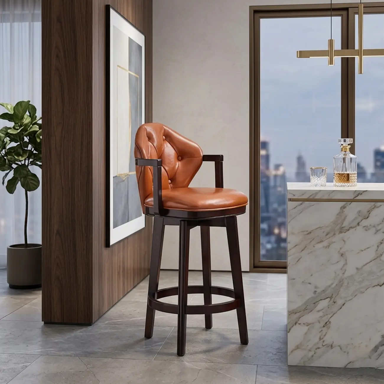 Genuine Leather Traditional Wingback Swivel Bar Stool Solid Wood Image - 19 | homeyfad