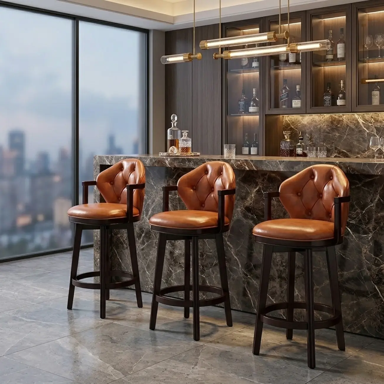 Genuine Leather Traditional Wingback Swivel Bar Stool Solid Wood Image - 15 | homeyfad