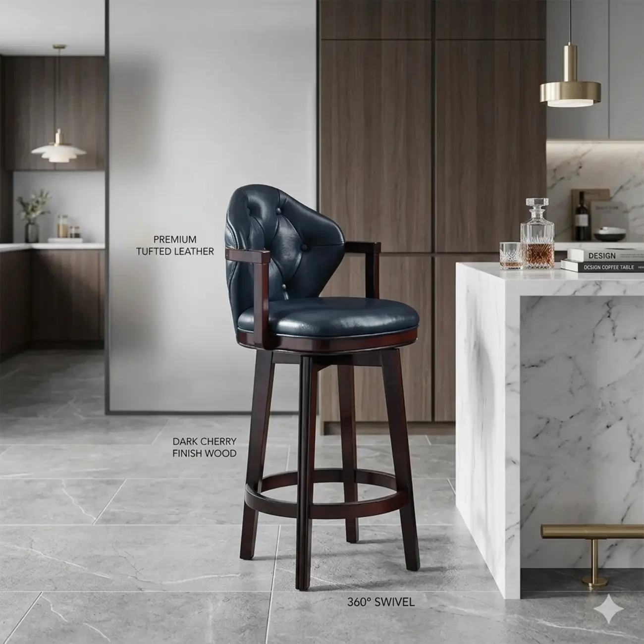 Genuine Leather Traditional Wingback Swivel Bar Stool Solid Wood Image - 20 | homeyfad