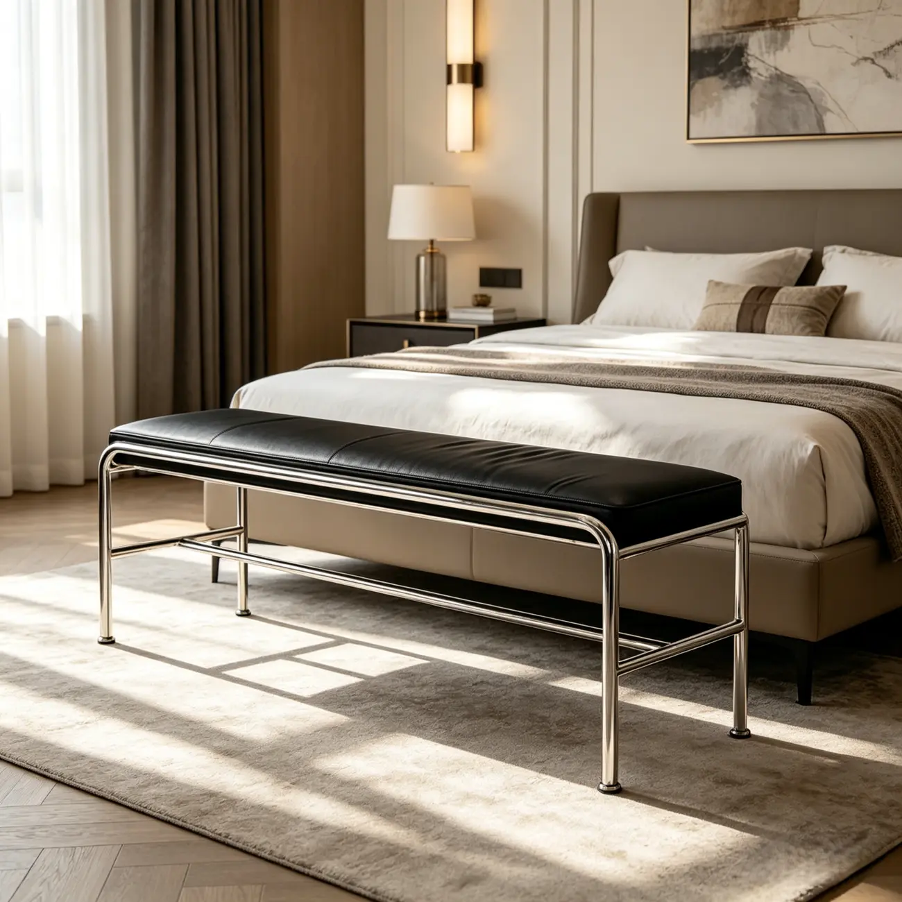 Minimalist Genuine Leather Entryway Bench with Metal Base Image - 4 | homeyfad