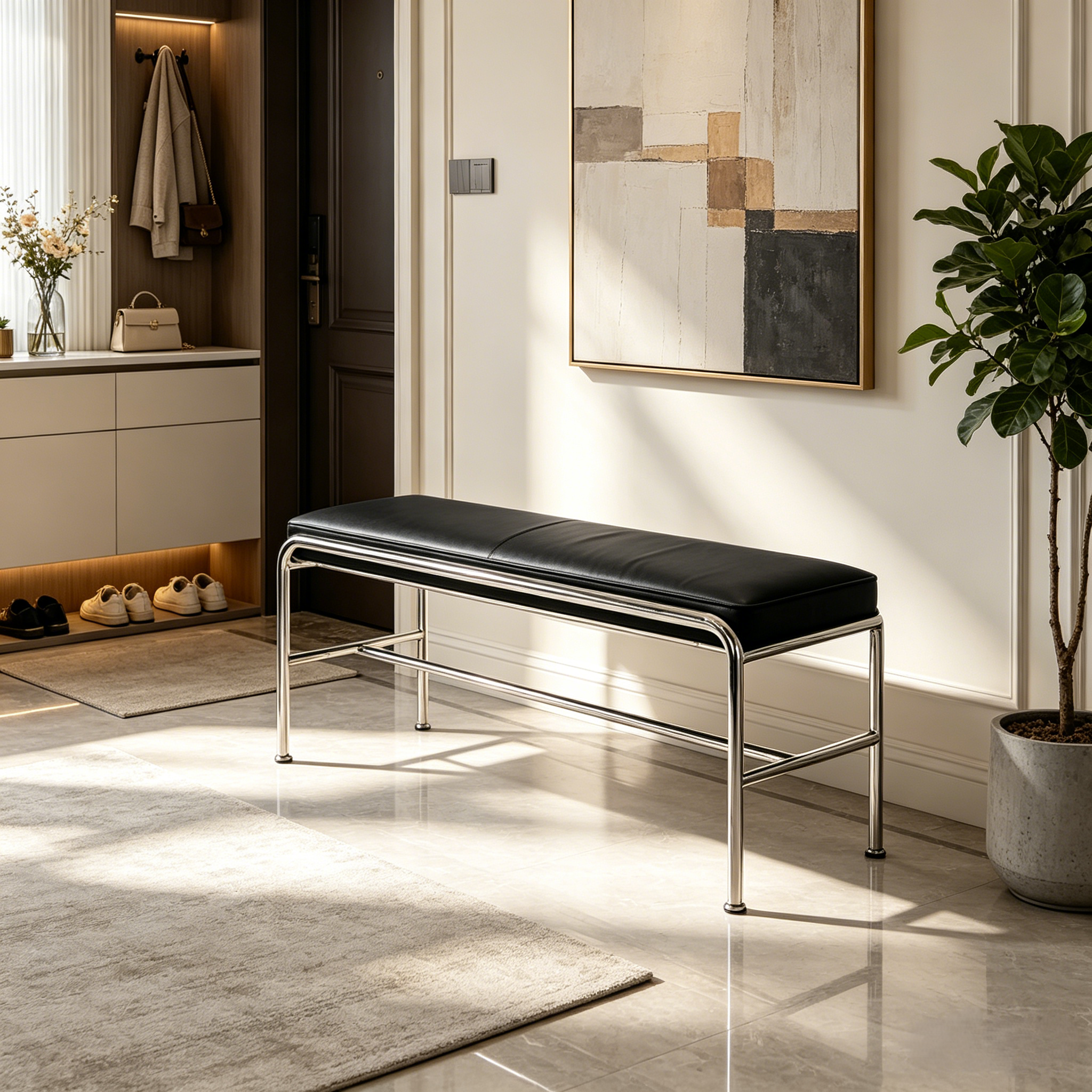 Minimalist Genuine Leather Entryway Bench with Metal Base | homeyfad