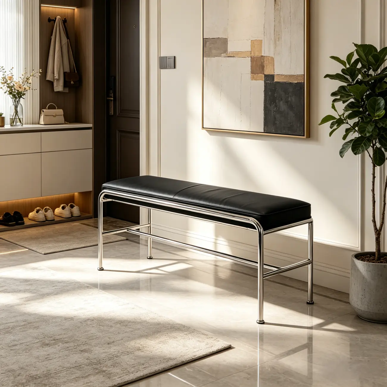 Minimalist Genuine Leather Entryway Bench with Metal Base Image - 1 | homeyfad