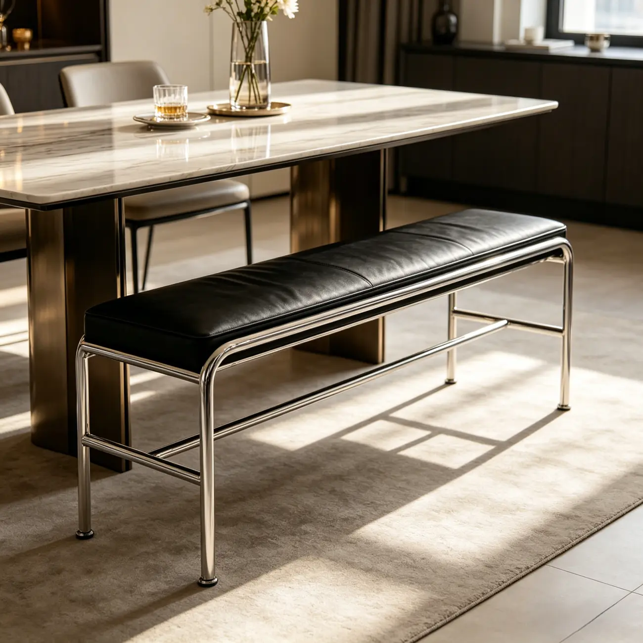 Minimalist Genuine Leather Entryway Bench with Metal Base Image - 5 | homeyfad