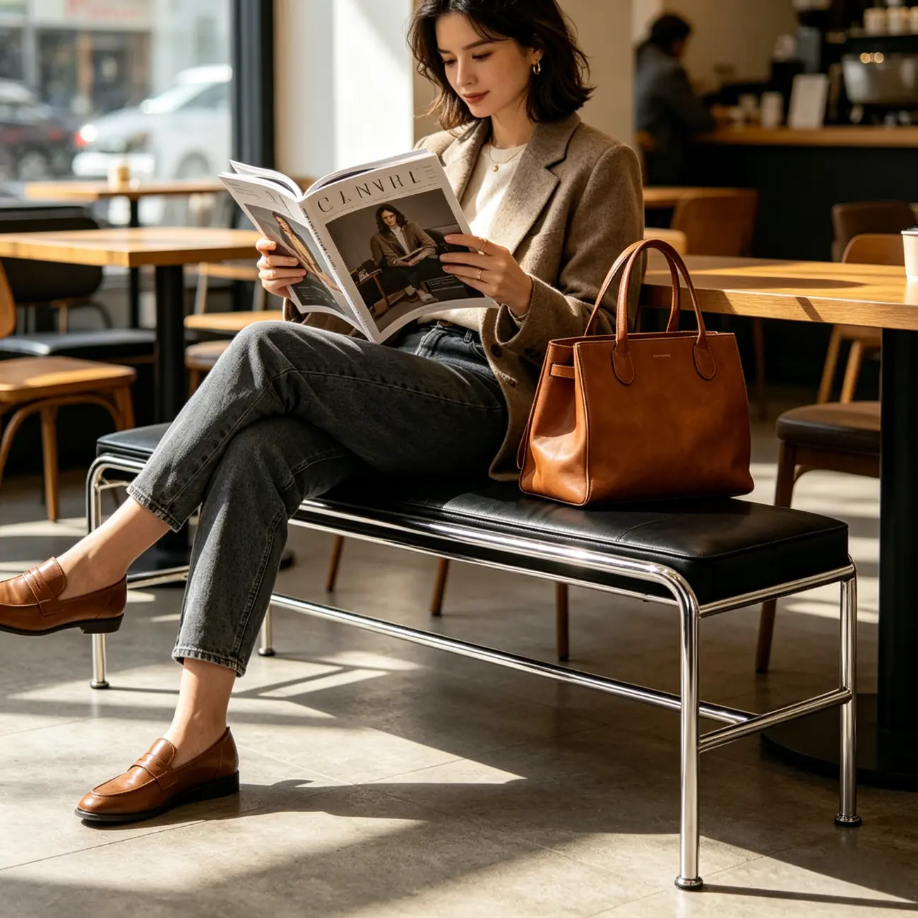 Minimalist Genuine Leather Entryway Bench with Metal Base Image - 6 | homeyfad