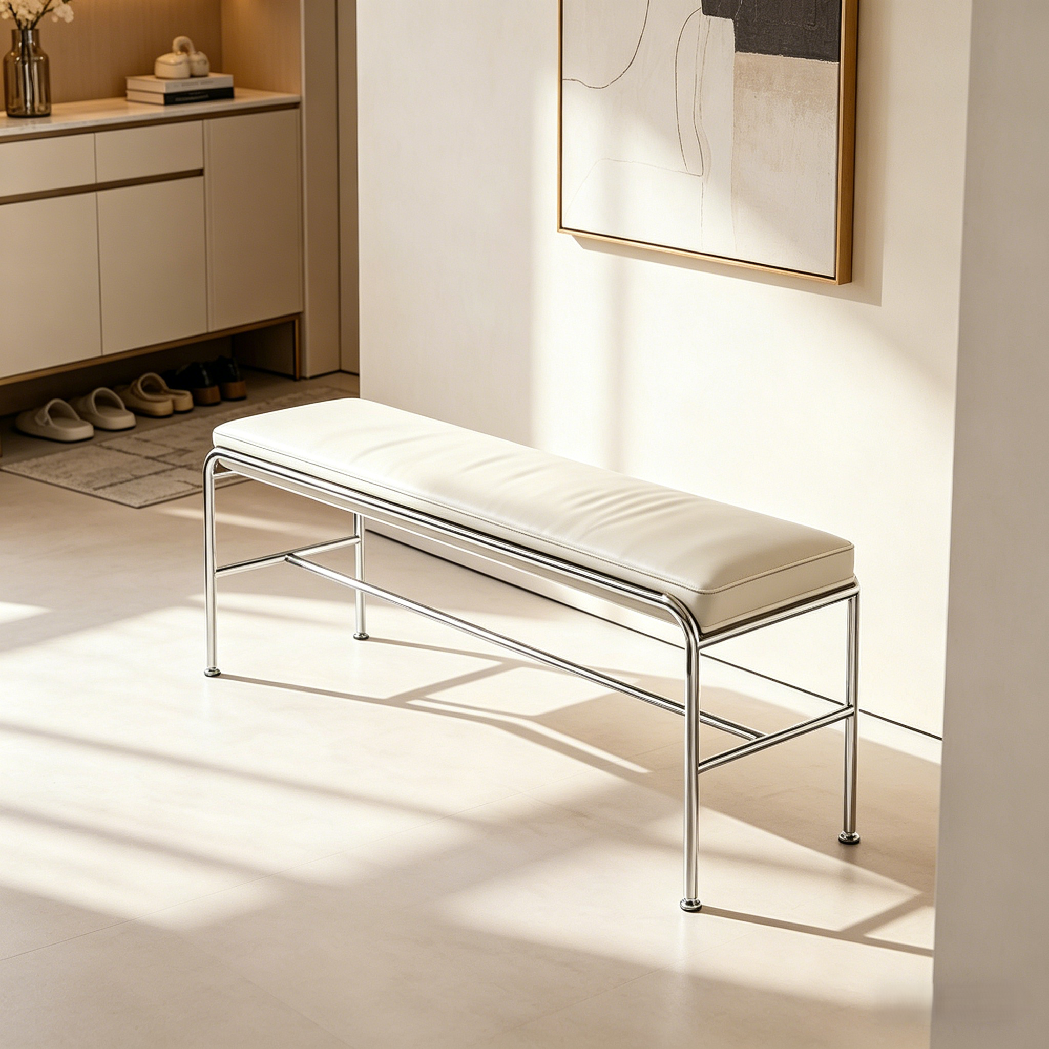 Minimalist Genuine Leather Entryway Bench with Metal Base | homeyfad