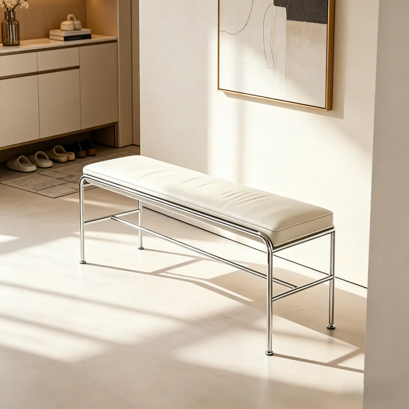 Minimalist Genuine Leather Entryway Bench with Metal Base Image - 2 | homeyfad