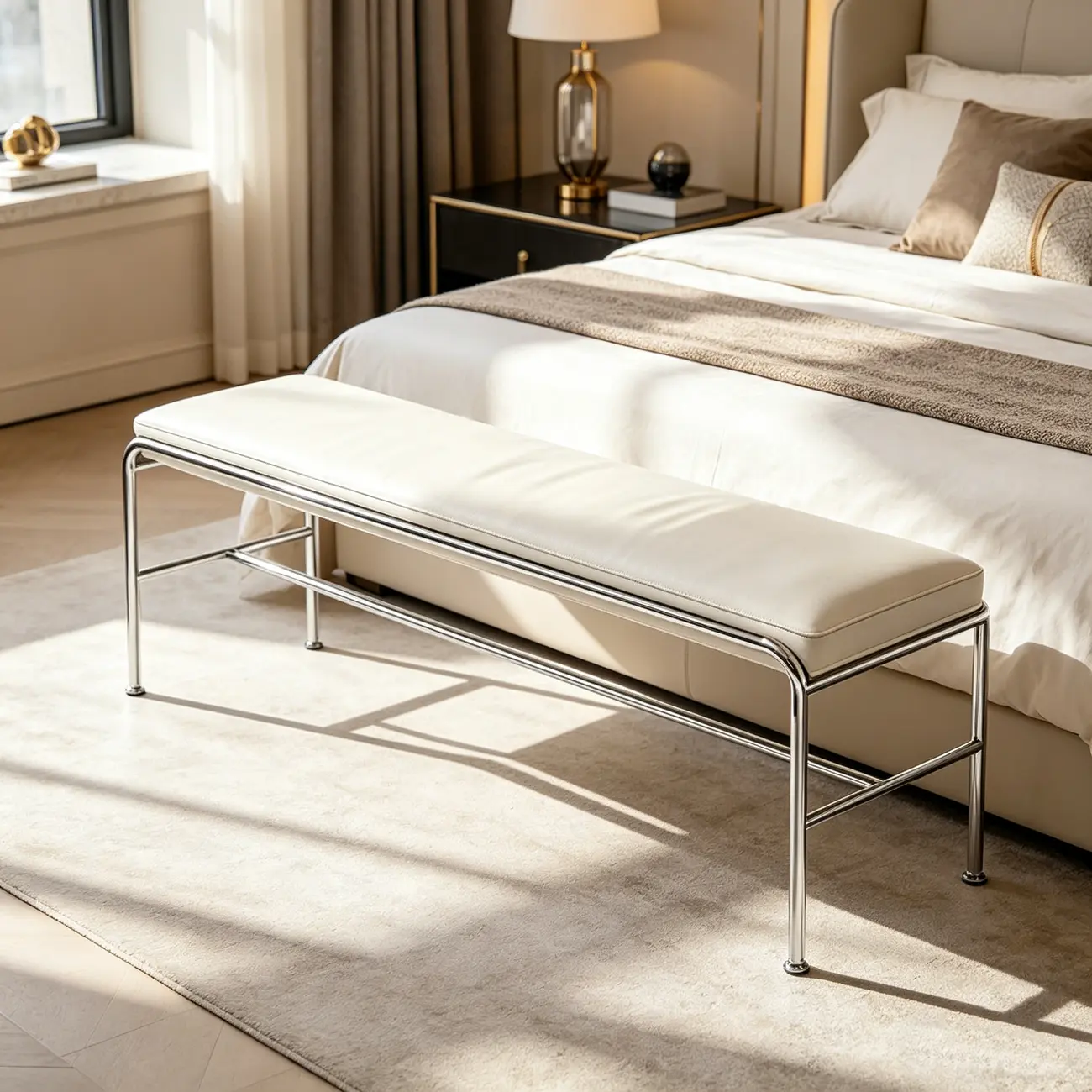 Minimalist Genuine Leather Entryway Bench with Metal Base Image - 3 | homeyfad