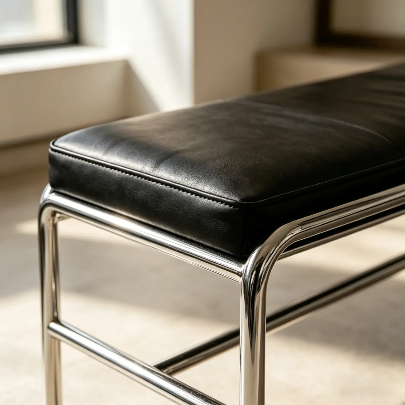 Minimalist Genuine Leather Entryway Bench with Metal Base Image - 7 | homeyfad