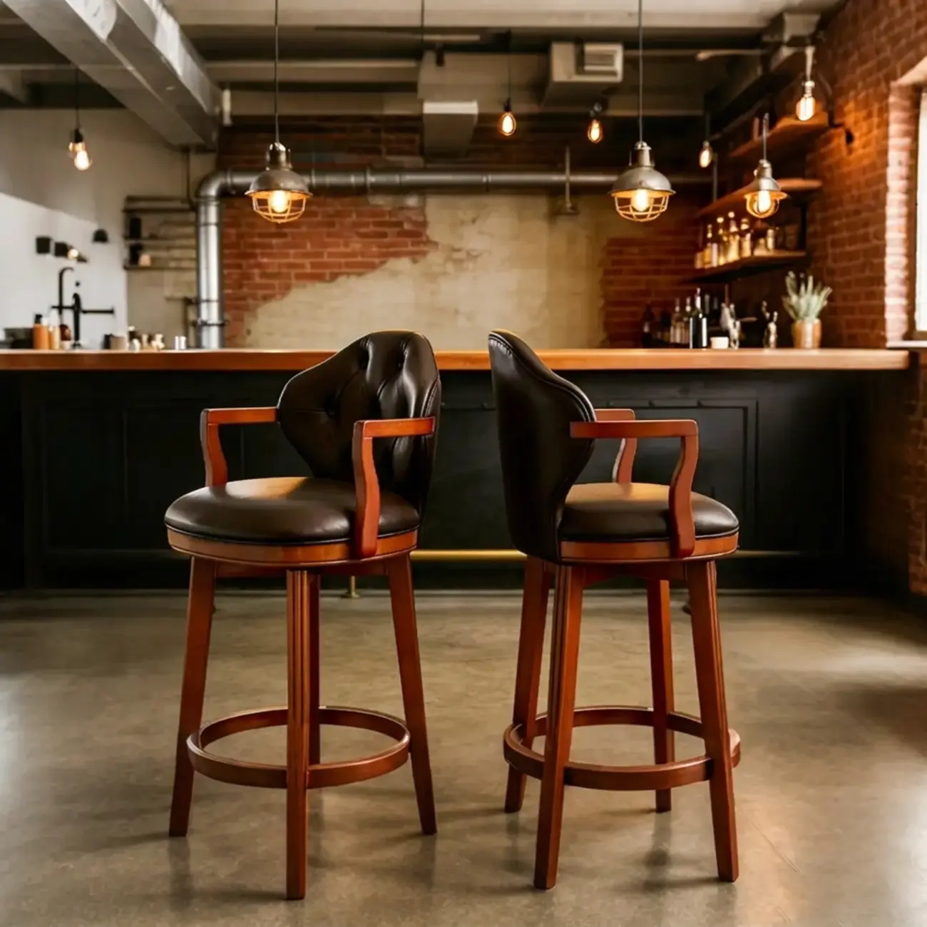 Genuine Leather Traditional Wingback Swivel Bar Stool Solid Wood Image - 17 | homeyfad