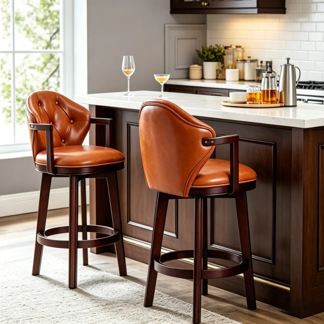 Genuine Leather Traditional Wingback Swivel Bar Stool Solid Wood Image - 5 | homeyfad