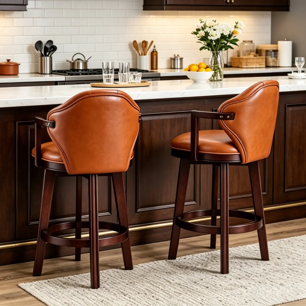 Genuine Leather Traditional Wingback Swivel Bar Stool Solid Wood Image - 6 | homeyfad