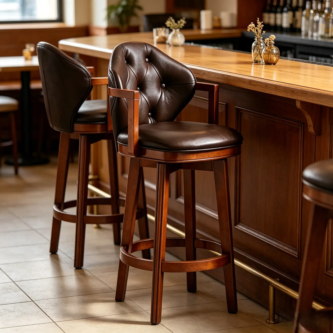 Genuine Leather Traditional Wingback Swivel Bar Stool Solid Wood Image - 4 | homeyfad