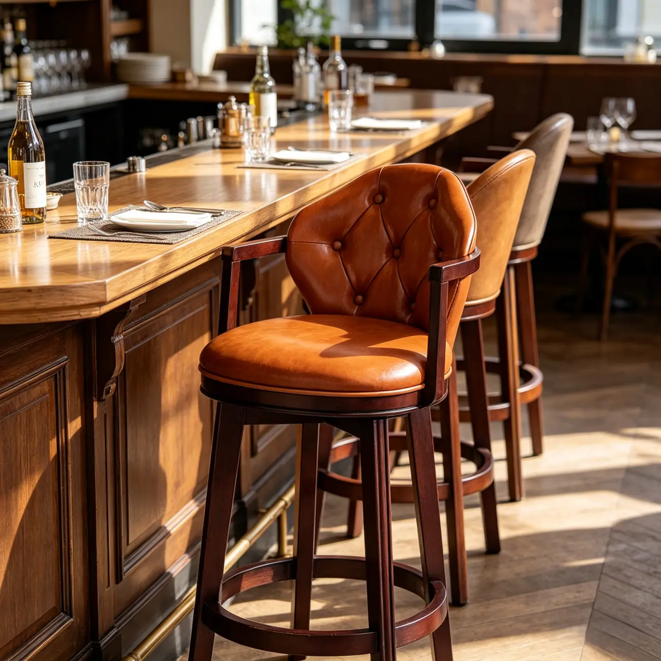 Genuine Leather Traditional Wingback Swivel Bar Stool Solid Wood Image - 1 | homeyfad