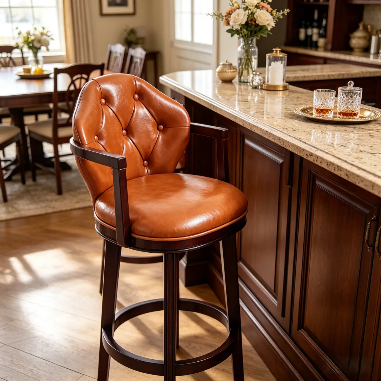 Genuine Leather Traditional Wingback Swivel Bar Stool Solid Wood Image - 2 | homeyfad