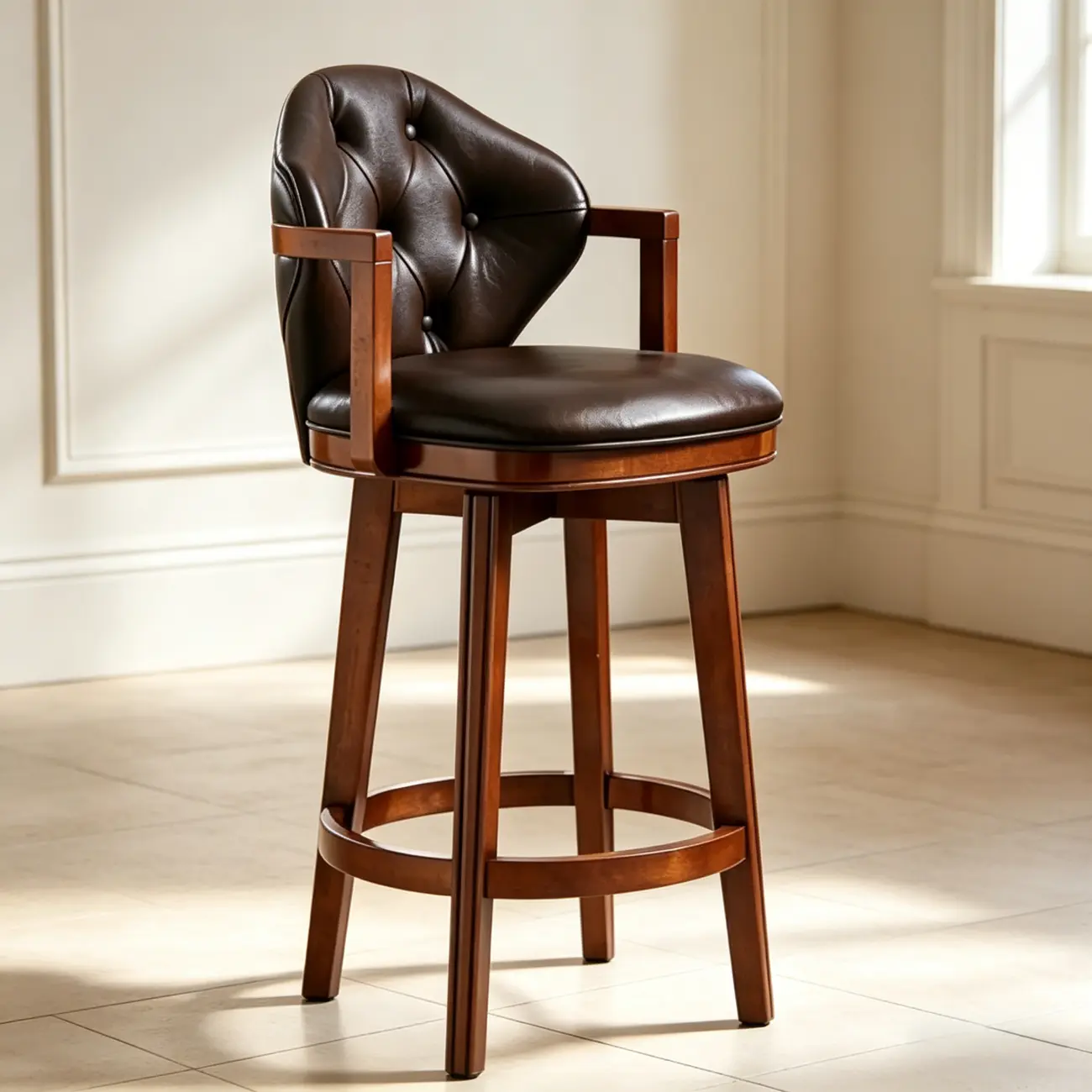 Genuine Leather Traditional Wingback Swivel Bar Stool Solid Wood Image - 8 | homeyfad