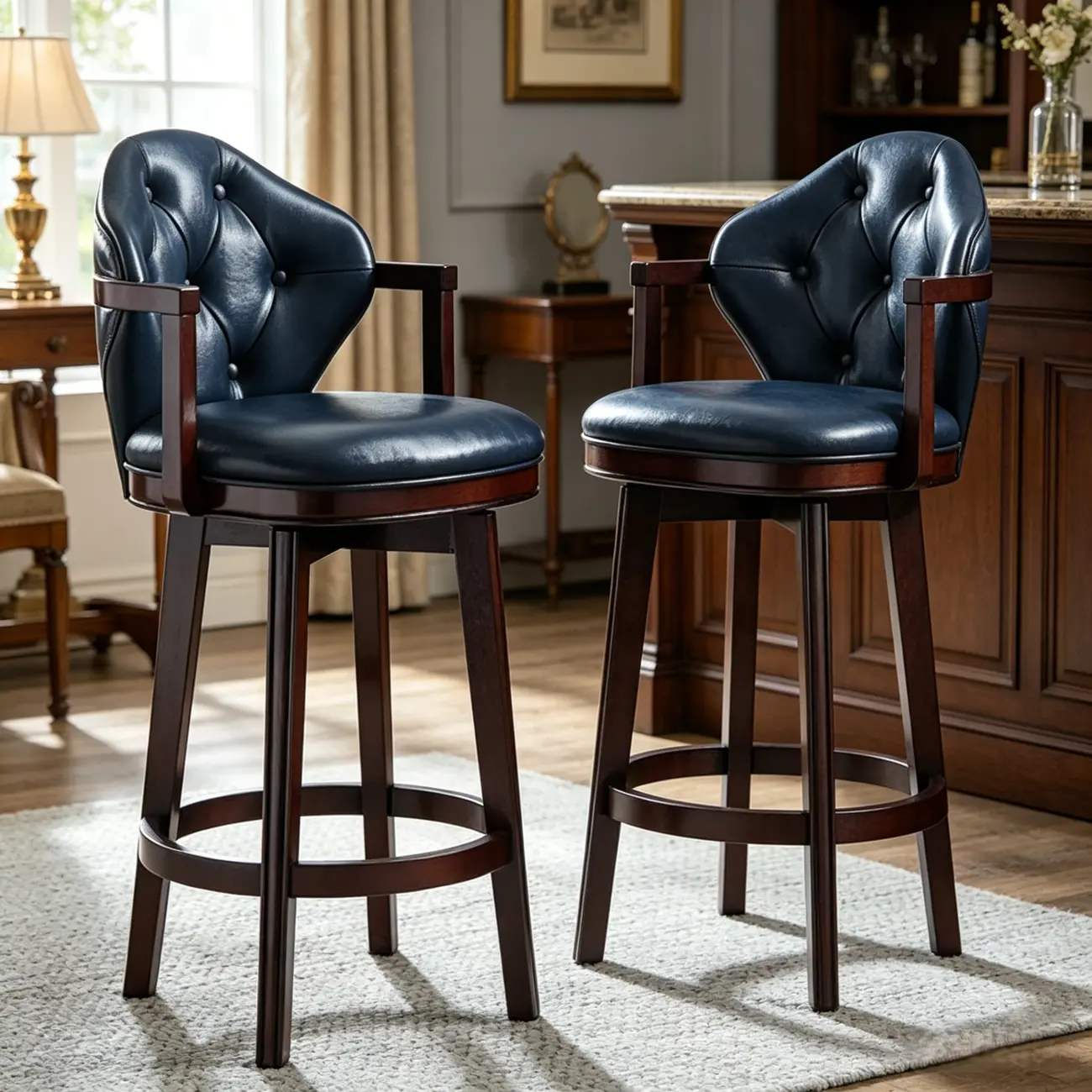 Genuine Leather Traditional Wingback Swivel Bar Stool Solid Wood Image - 3 | homeyfad
