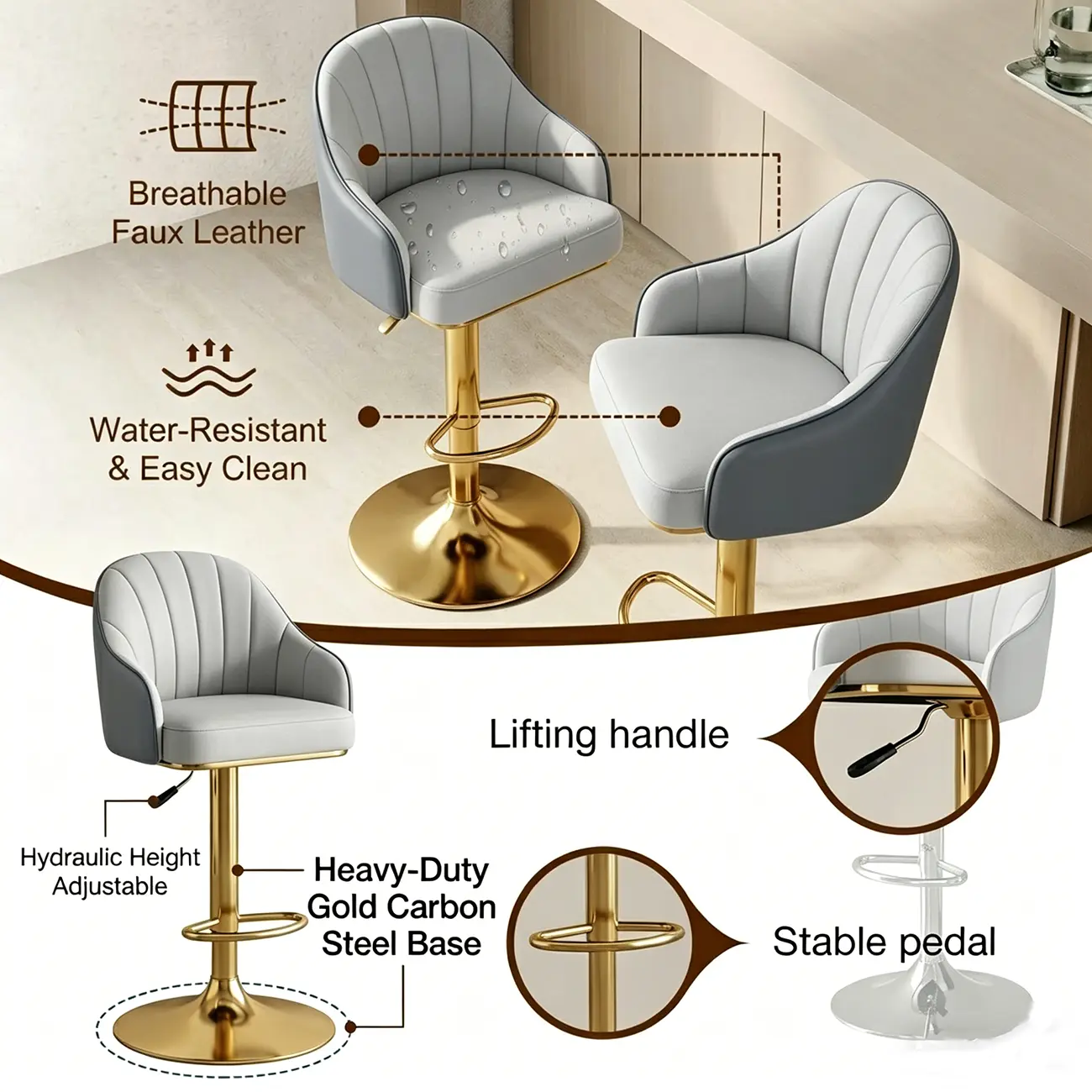 Low Back Adjustable Modern Leather Swivel Bar Stool Image - 4 | homeyfad