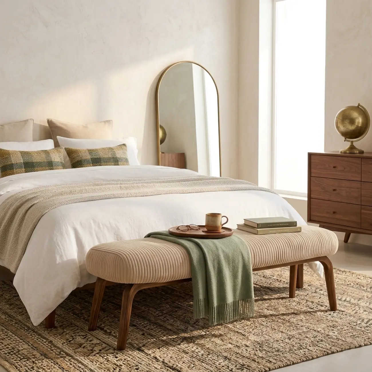 Mid-century Modern Corduroy Upholstered Bedroom Bench with Wood Legs Image - 13 | homeyfad