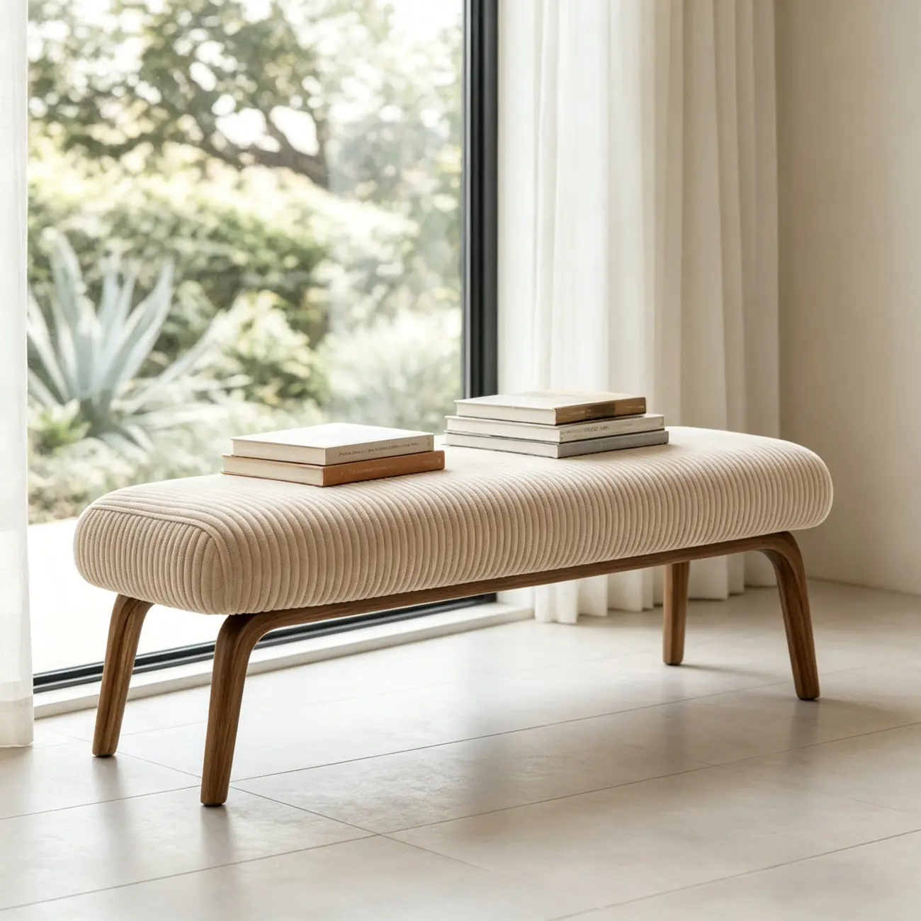 Mid-century Modern Corduroy Upholstered Bedroom Bench with Wood Legs Image - 7 | homeyfad