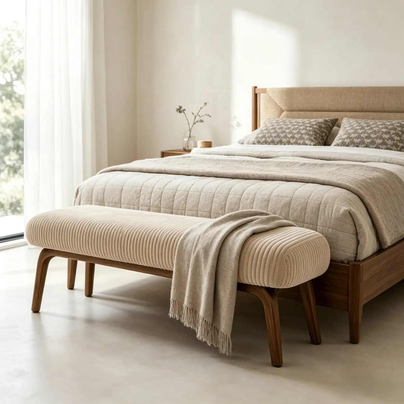 Mid-century Modern Corduroy Upholstered Bedroom Bench with Wood Legs Image - 1 | homeyfad