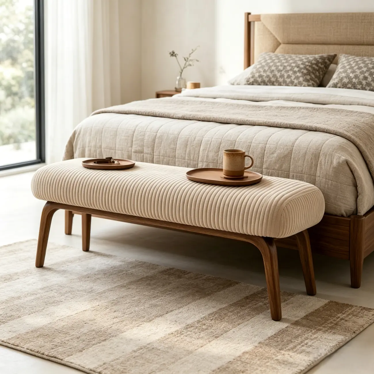 Mid-century Modern Corduroy Upholstered Bedroom Bench with Wood Legs Image - 11 | homeyfad