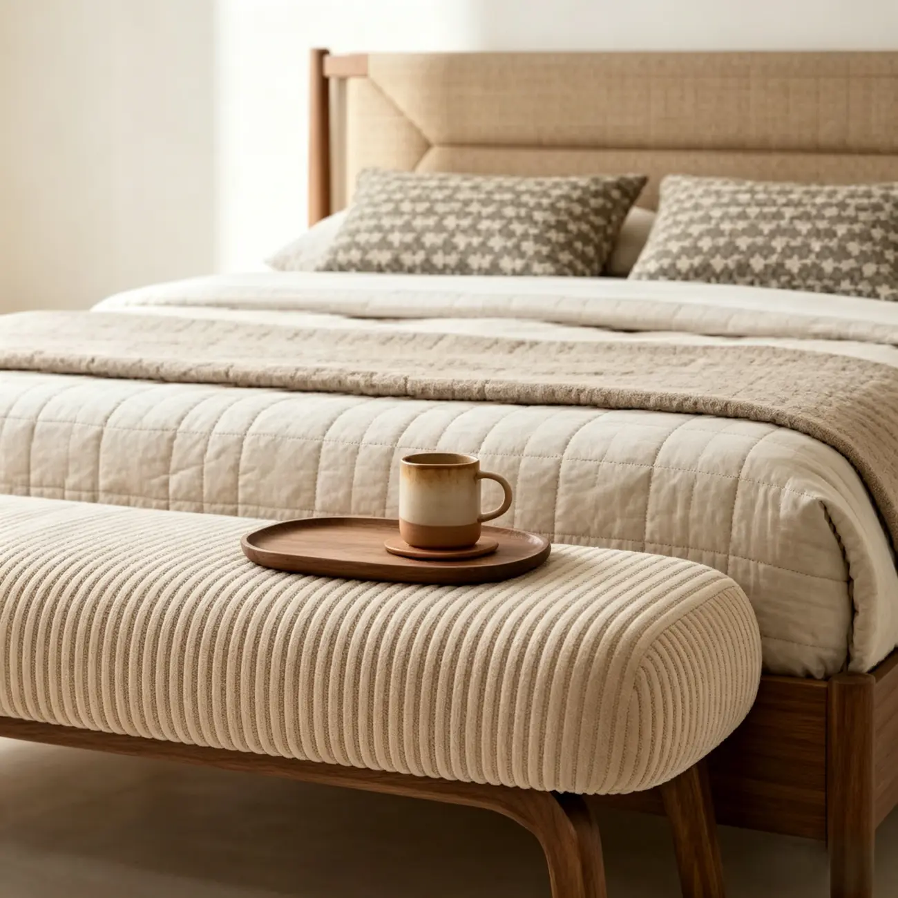 Mid-century Modern Corduroy Upholstered Bedroom Bench with Wood Legs Image - 12 | homeyfad