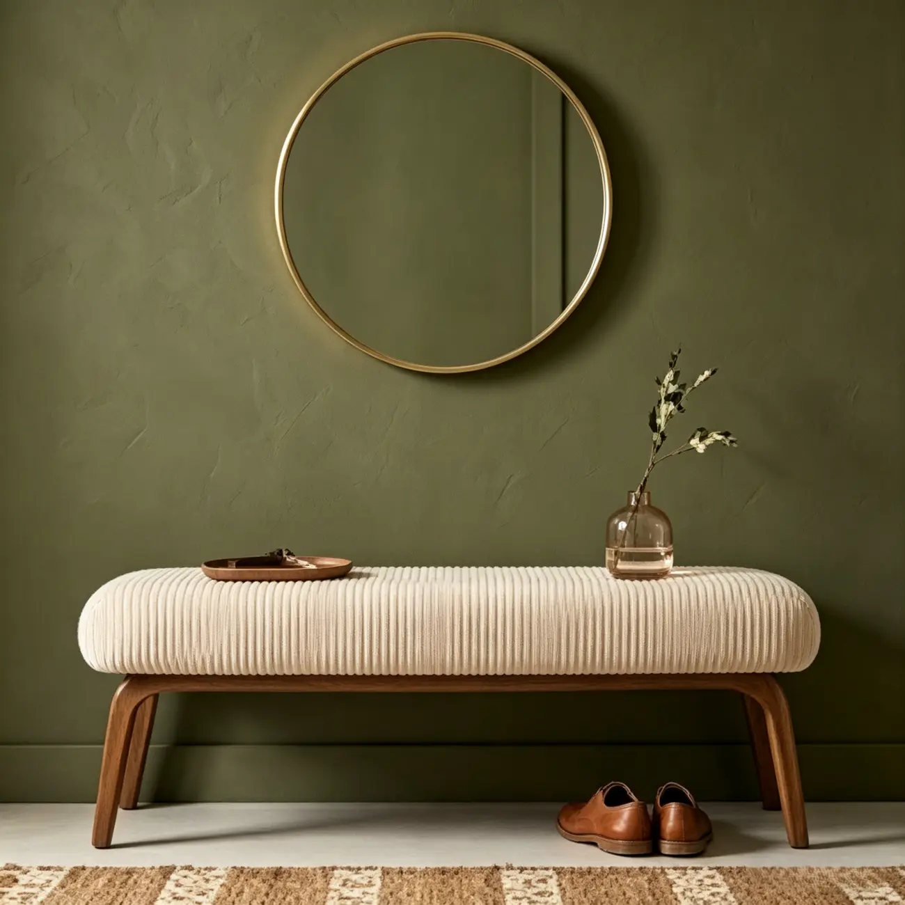 Mid-century Modern Corduroy Upholstered Bedroom Bench with Wood Legs Image - 9 | homeyfad